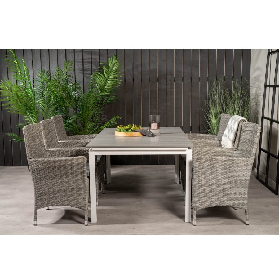 VENTURE DESIGN havest, m. Levels bord, m. udtrk og 6 Malin stole, m. armln - aintwood/alu