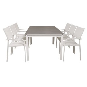 VENTURE DESIGN havest, m. Levels bord, m. udtrk og 6 Santorini stole, m. armln - aintwood/alu 