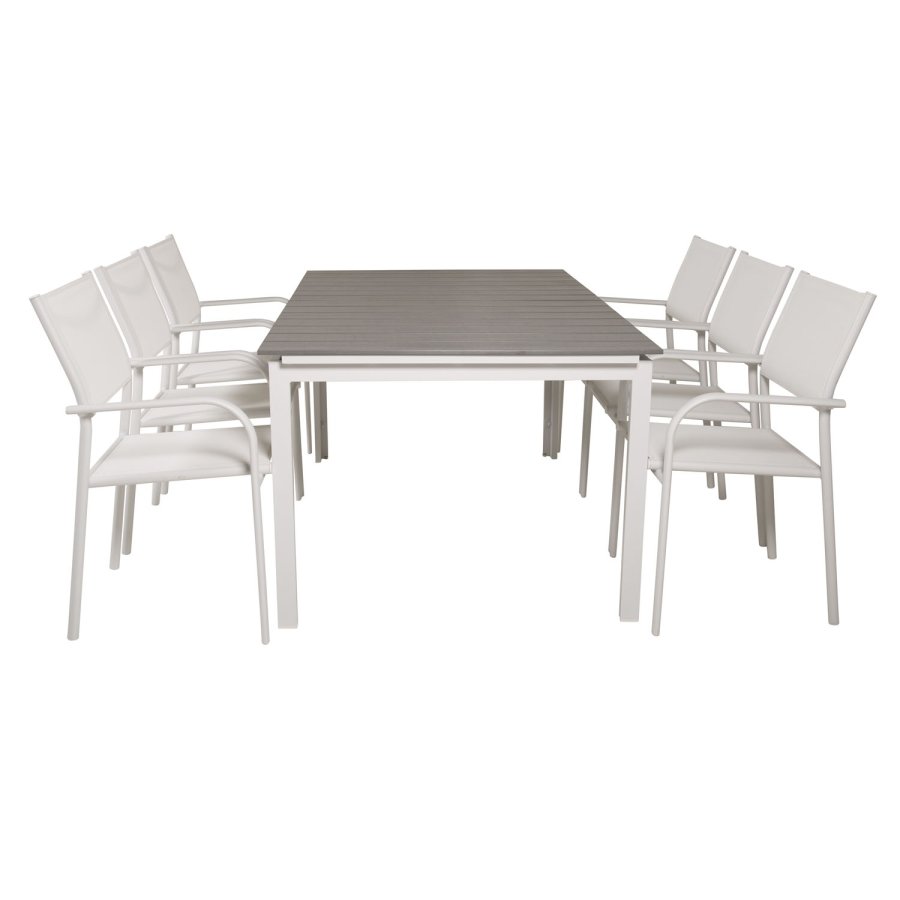 VENTURE DESIGN havest, m. Levels bord, m. udtrk og 6 Santorini stole, m. armln - aintwood/alu 