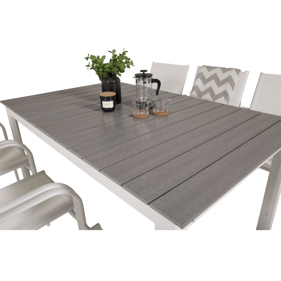 VENTURE DESIGN havest, m. Levels bord, m. udtrk og 6 Santorini stole, m. armln - aintwood/alu 