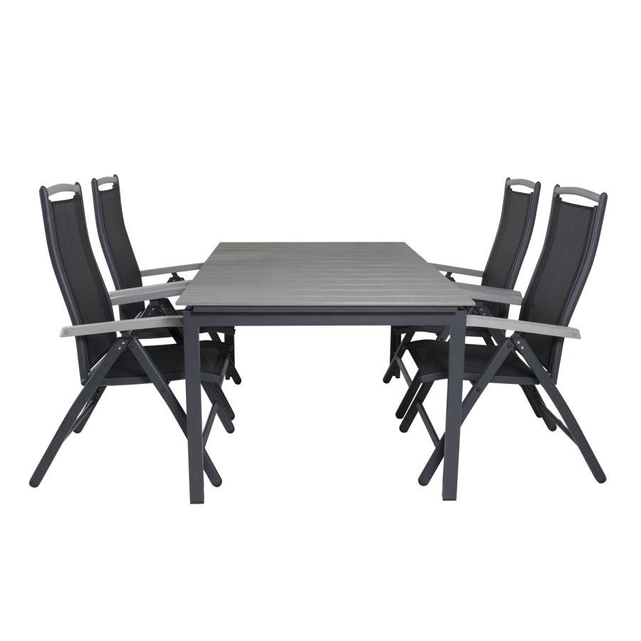 VENTURE DESIGN havest, m. Levels bord, m. udtrk og 4 Albany 5:pos stole - sort alu/gr aintwood