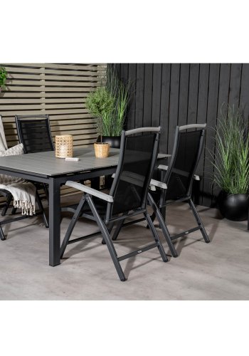 VENTURE DESIGN havest, m. Levels bord, m. udtrk og 4 Albany 5:pos stole - sort alu/gr aintwood
