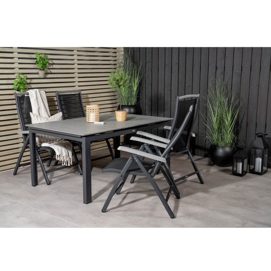 VENTURE DESIGN havest, m. Levels bord, m. udtrk og 4 Albany 5:pos stole - sort alu/gr aintwood