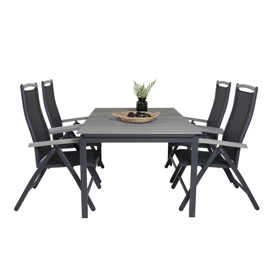 VENTURE DESIGN havest, m. Levels bord, m. udtrk og 4 Albany 5:pos stole - sort alu/gr aintwood