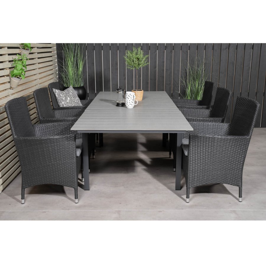 VENTURE DESIGN havest, m. Levels bord, m. udtrk og 6 Malin stole, m. armln - aintwood/alu