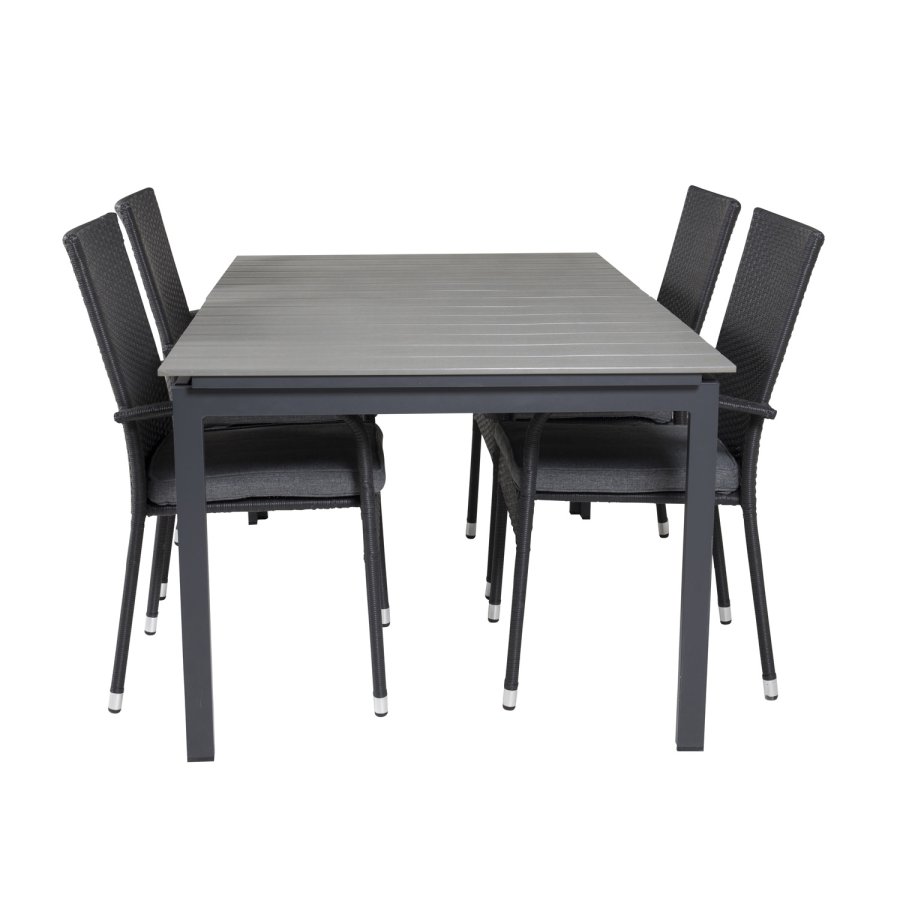 VENTURE DESIGN havest, m. Levels bord, m. udtrk og 4 Anna stole - gr aintwood/sort alu/rattan