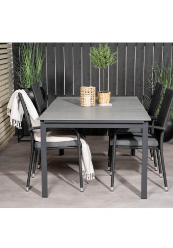 VENTURE DESIGN havest, m. Levels bord, m. udtrk og 4 Anna stole - gr aintwood/sort alu/rattan