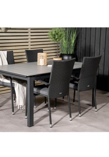 VENTURE DESIGN havest, m. Levels bord, m. udtrk og 4 Anna stole - gr aintwood/sort alu/rattan