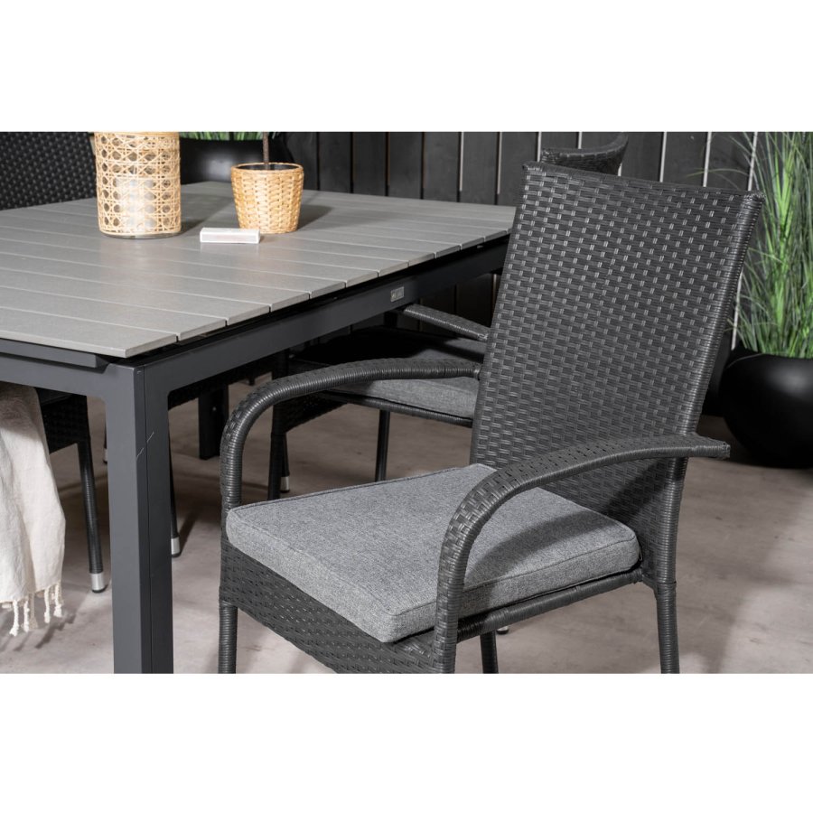 VENTURE DESIGN havest, m. Levels bord, m. udtrk og 4 Anna stole - gr aintwood/sort alu/rattan