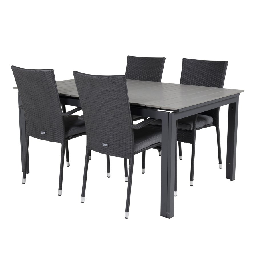 VENTURE DESIGN havest, m. Levels bord, m. udtrk og 4 Anna stole - gr aintwood/sort alu/rattan