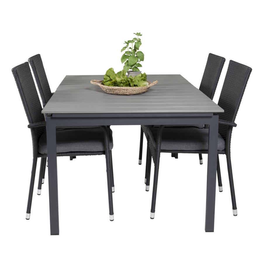 VENTURE DESIGN havest, m. Levels bord, m. udtrk og 4 Anna stole - gr aintwood/sort alu/rattan