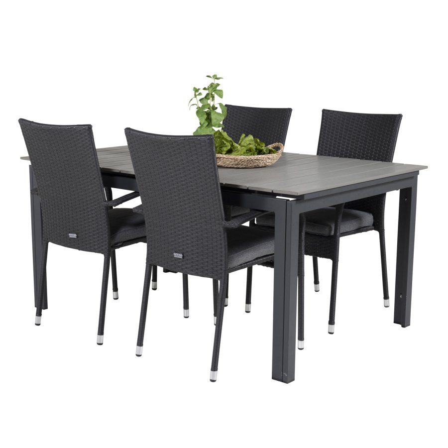 VENTURE DESIGN havest, m. Levels bord, m. udtrk og 4 Anna stole - gr aintwood/sort alu/rattan