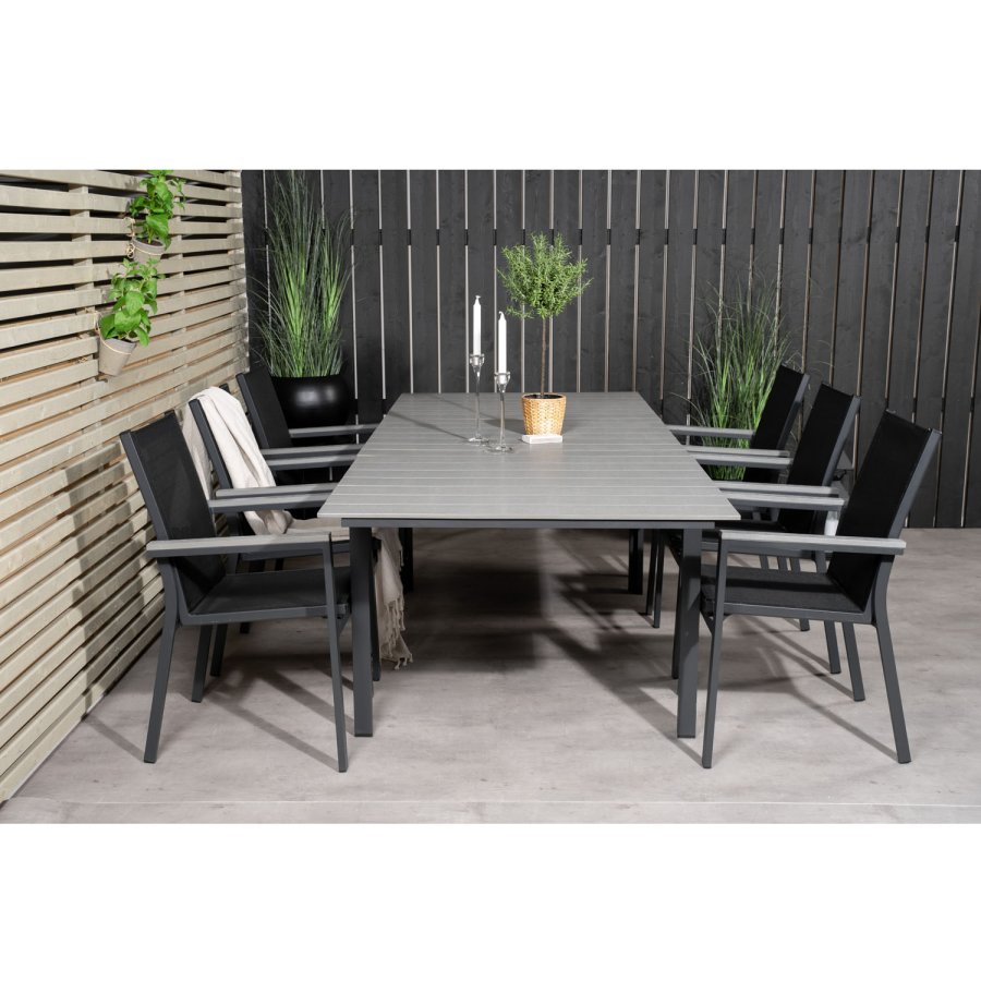 VENTURE DESIGN havest, m. Levels bord, m. udtrk og 6 Parma stole, m. armln - aintwood/alu 