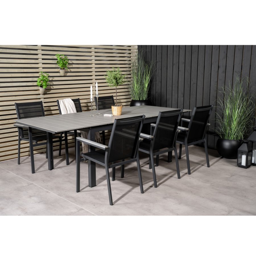 VENTURE DESIGN havest, m. Levels bord, m. udtrk og 6 Parma stole, m. armln - aintwood/alu 