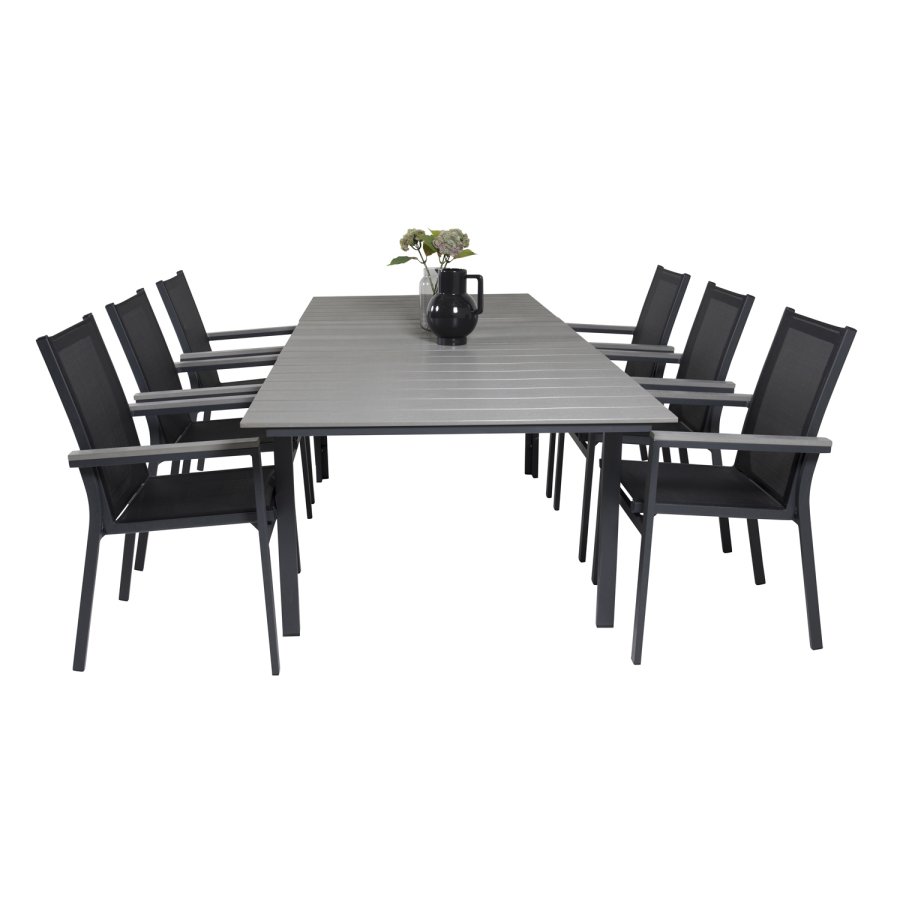 VENTURE DESIGN havest, m. Levels bord, m. udtrk og 6 Parma stole, m. armln - aintwood/alu 