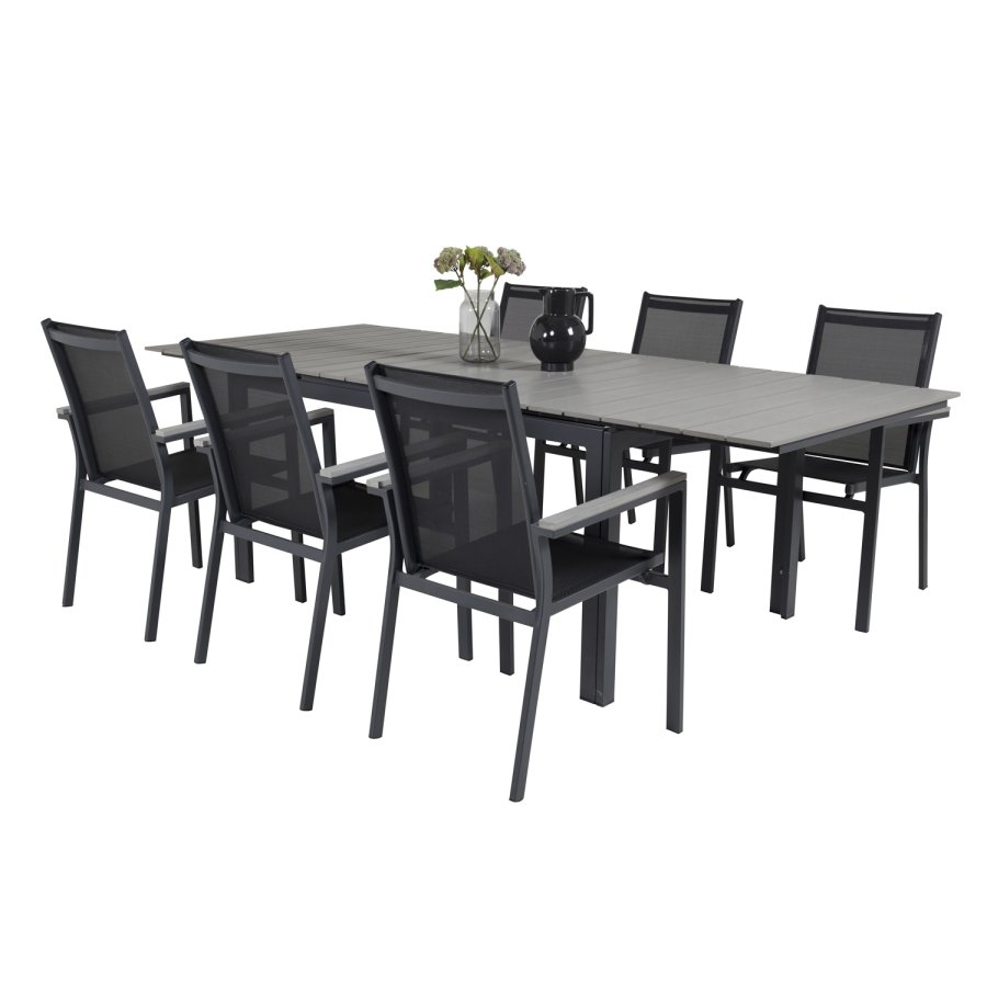 VENTURE DESIGN havest, m. Levels bord, m. udtrk og 6 Parma stole, m. armln - aintwood/alu 