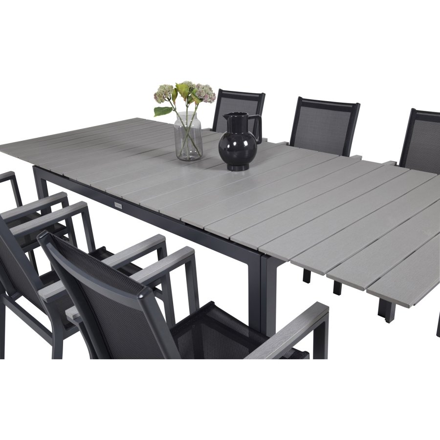 VENTURE DESIGN havest, m. Levels bord, m. udtrk og 6 Parma stole, m. armln - aintwood/alu 