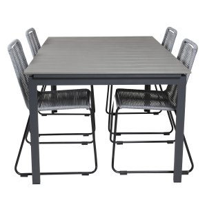 VENTURE DESIGN havest, m. Levels bord, m. udtrk og 4 Lindos stole - gr aintwood/sort alu/gr reb 