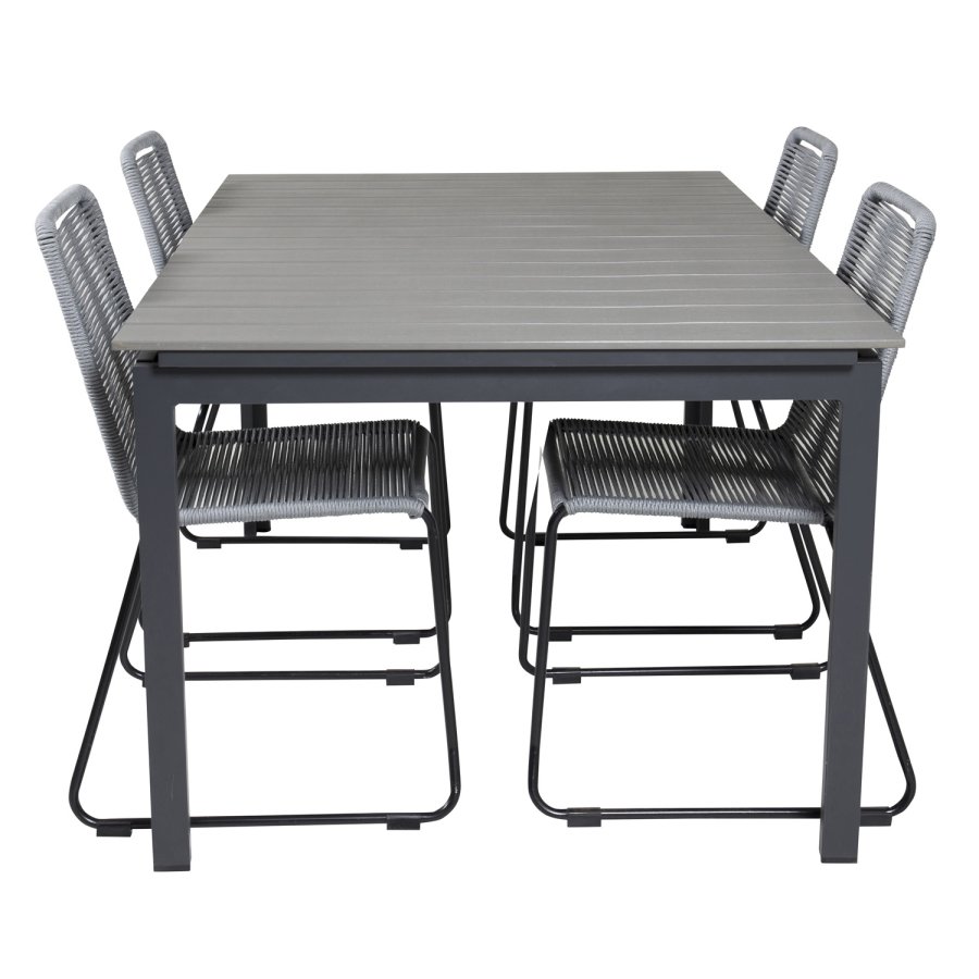 VENTURE DESIGN havest, m. Levels bord, m. udtrk og 4 Lindos stole - gr aintwood/sort alu/gr reb 