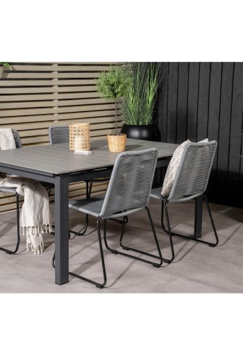 VENTURE DESIGN havest, m. Levels bord, m. udtrk og 4 Lindos stole - gr aintwood/sort alu/gr reb 