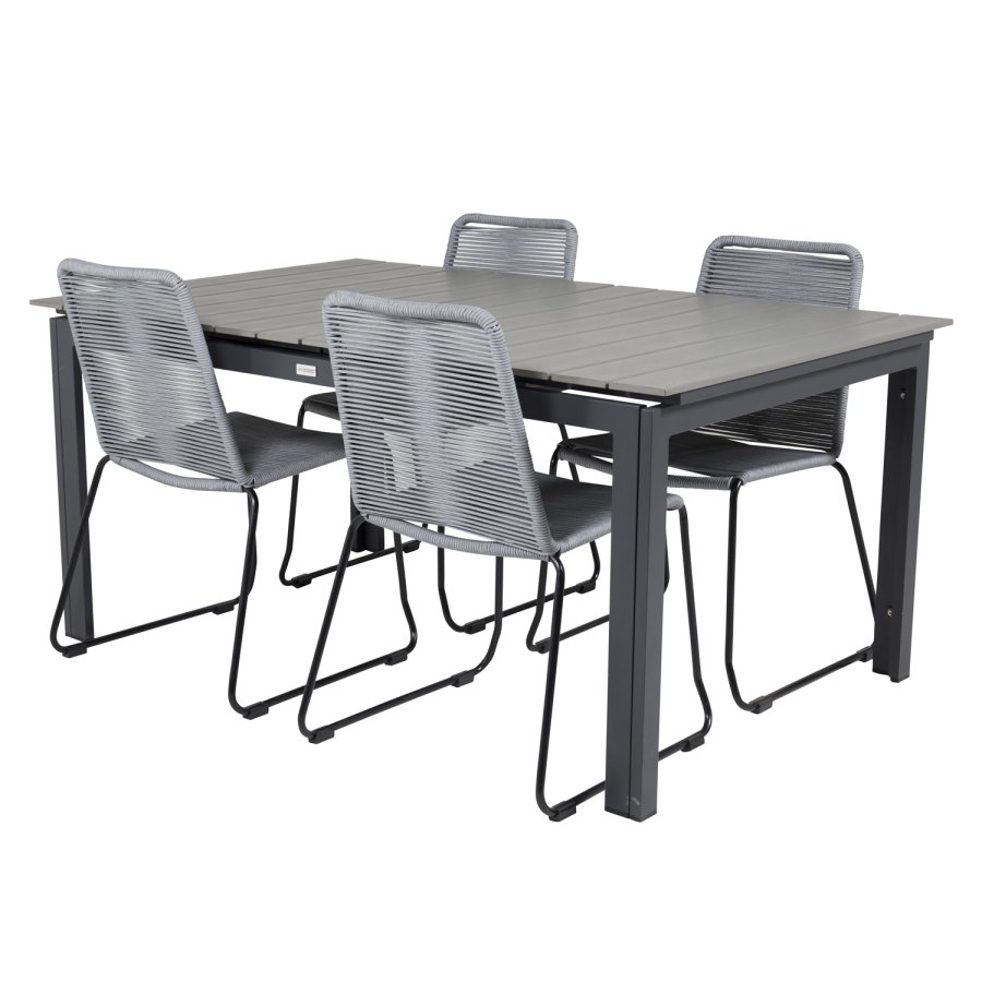 VENTURE DESIGN havest, m. Levels bord, m. udtrk og 4 Lindos stole - gr aintwood/sort alu/gr reb 