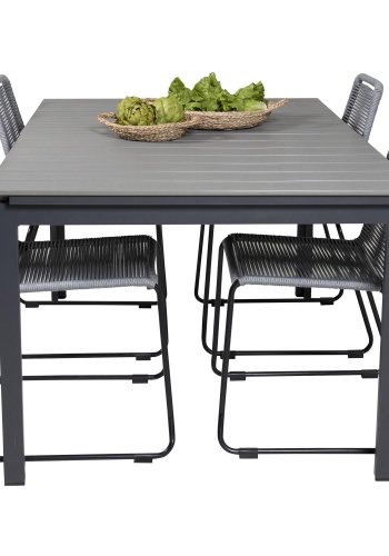 VENTURE DESIGN havest, m. Levels bord, m. udtrk og 4 Lindos stole - gr aintwood/sort alu/gr reb 