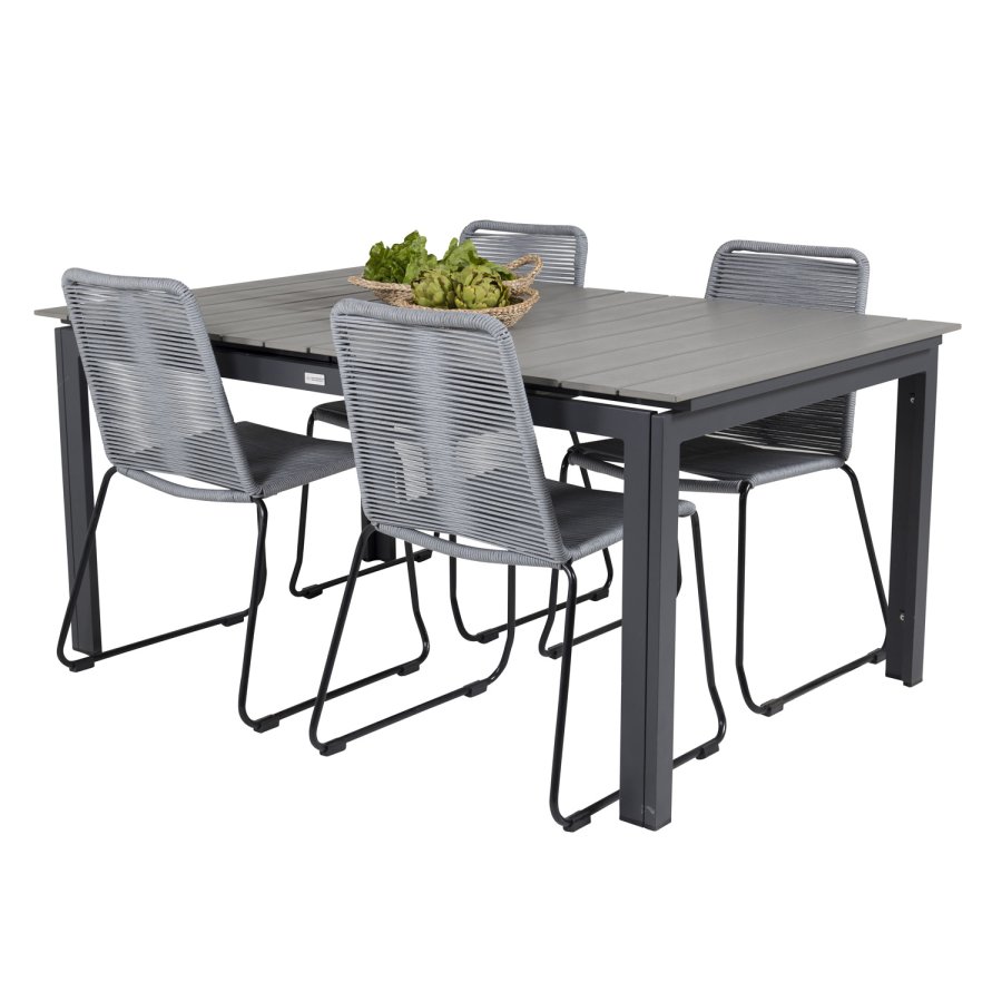 VENTURE DESIGN havest, m. Levels bord, m. udtrk og 4 Lindos stole - gr aintwood/sort alu/gr reb 