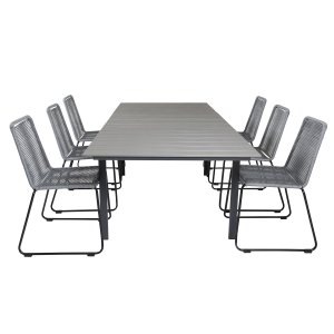 VENTURE DESIGN havest, m. Levels bord, m. udtrk og 6 Lindos stole - aintwood/alu/reb/stl