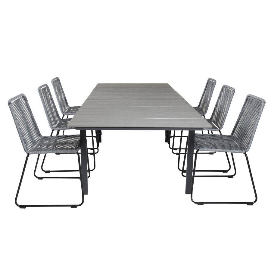 VENTURE DESIGN havest, m. Levels bord, m. udtrk og 6 Lindos stole - aintwood/alu/reb/stl