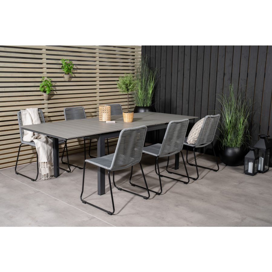 VENTURE DESIGN havest, m. Levels bord, m. udtrk og 6 Lindos stole - aintwood/alu/reb/stl