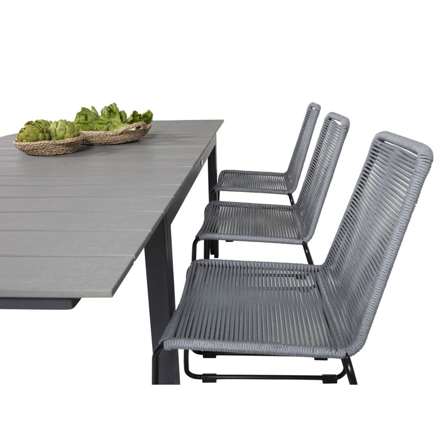 VENTURE DESIGN havest, m. Levels bord, m. udtrk og 6 Lindos stole - aintwood/alu/reb/stl