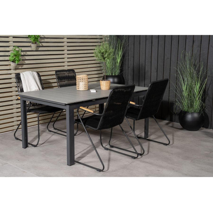 VENTURE DESIGN havest, m. Levels bord, m. udtrk og 4 Bois stole, m. armln - gr aintwood/alu 