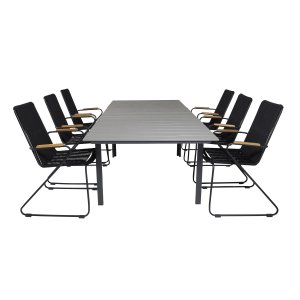 VENTURE DESIGN havest m. Levels bord m. udtrk og 6 Bois stole m. armln - sort reb/gr aintwood