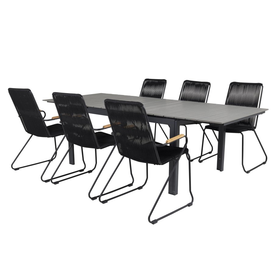 VENTURE DESIGN havest m. Levels bord m. udtrk og 6 Bois stole m. armln - sort reb/gr aintwood