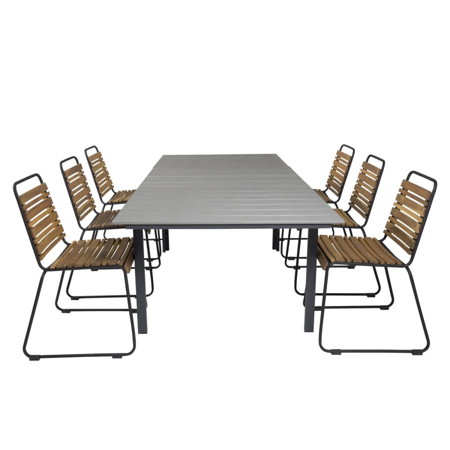 VENTURE DESIGN Gartenset mit Levels-Tisch mit Verlängerung und 6 Bois-Stühlen – Akazienholz/schwarzes Aluminium/graues Aintwood
