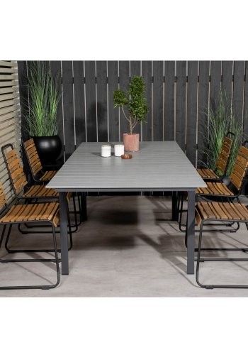 VENTURE DESIGN Gartenset mit Levels-Tisch mit Verlängerung und 6 Bois-Stühlen – Akazienholz/schwarzes Aluminium/graues Aintwood