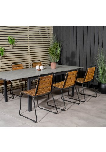 VENTURE DESIGN Gartenset mit Levels-Tisch mit Verlängerung und 6 Bois-Stühlen – Akazienholz/schwarzes Aluminium/graues Aintwood