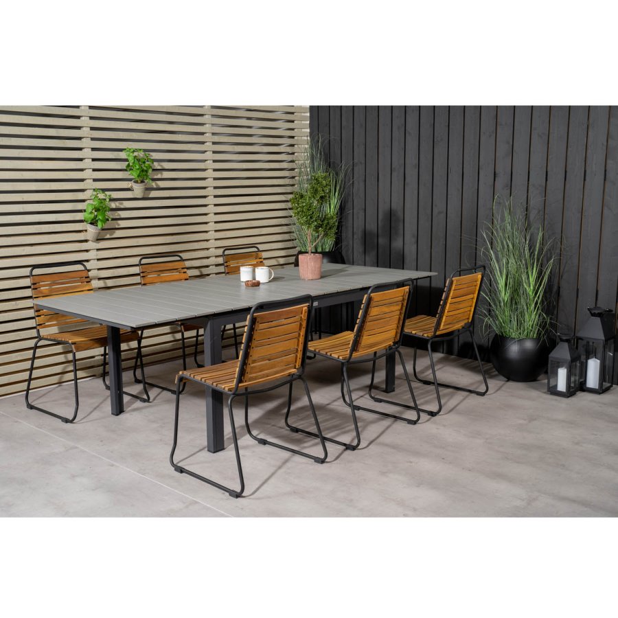 VENTURE DESIGN Gartenset mit Levels-Tisch mit Verlängerung und 6 Bois-Stühlen – Akazienholz/schwarzes Aluminium/graues Aintwood