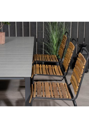 VENTURE DESIGN Gartenset mit Levels-Tisch mit Verlängerung und 6 Bois-Stühlen – Akazienholz/schwarzes Aluminium/graues Aintwood