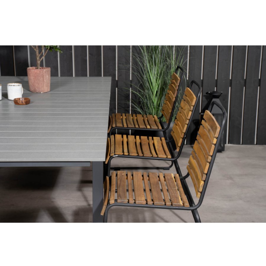 VENTURE DESIGN Gartenset mit Levels-Tisch mit Verlängerung und 6 Bois-Stühlen – Akazienholz/schwarzes Aluminium/graues Aintwood