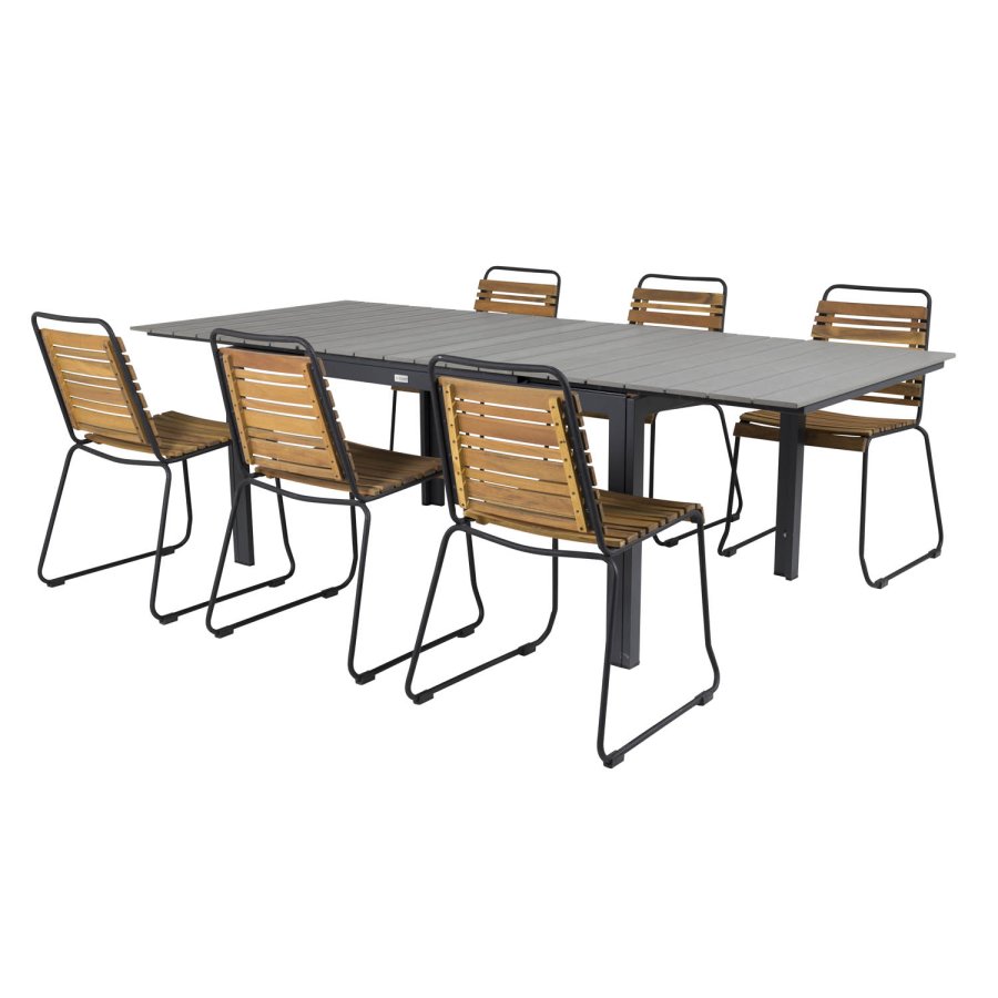 VENTURE DESIGN Gartenset mit Levels-Tisch mit Verlängerung und 6 Bois-Stühlen – Akazienholz/schwarzes Aluminium/graues Aintwood