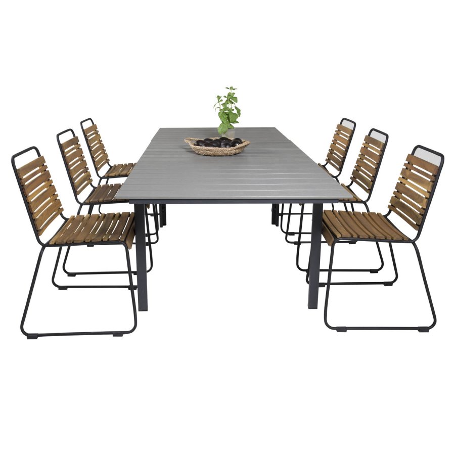 VENTURE DESIGN Gartenset mit Levels-Tisch mit Verlängerung und 6 Bois-Stühlen – Akazienholz/schwarzes Aluminium/graues Aintwood