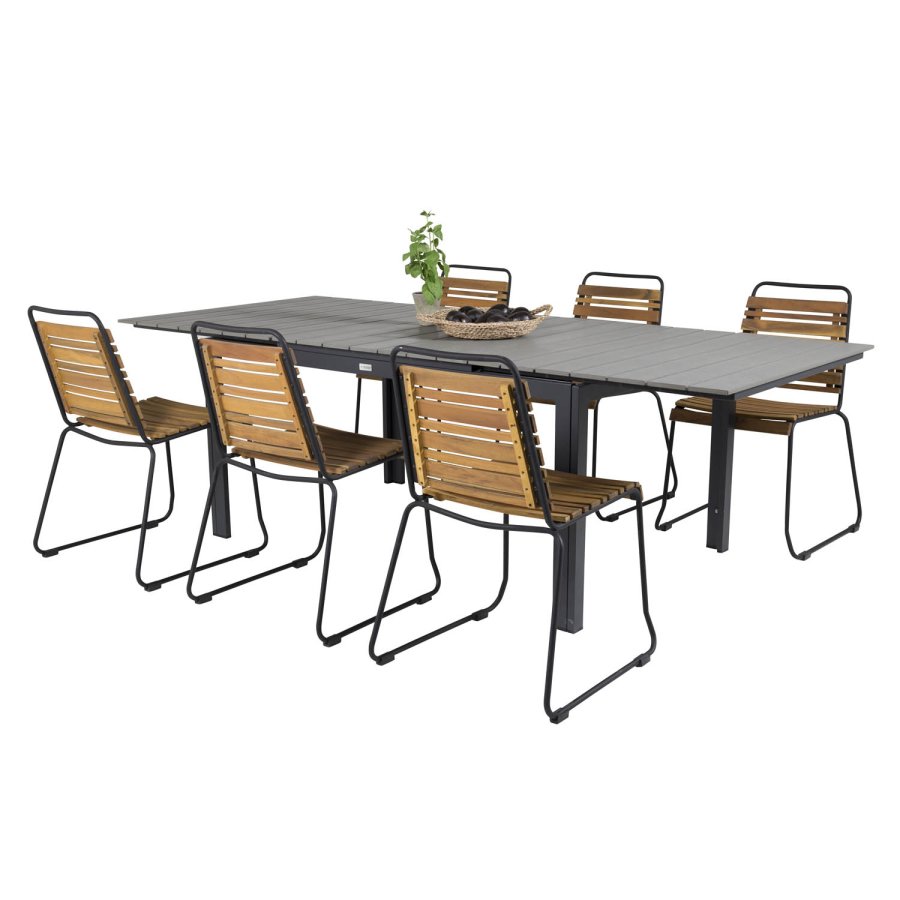 VENTURE DESIGN Gartenset mit Levels-Tisch mit Verlängerung und 6 Bois-Stühlen – Akazienholz/schwarzes Aluminium/graues Aintwood