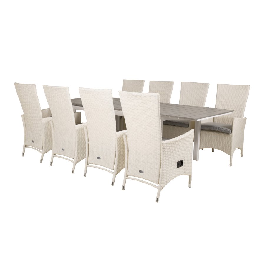 VENTURE DESIGN havest m Levels bord m udtrk og 8 Padova stole m recliner -hvid rattan/gr aintwood