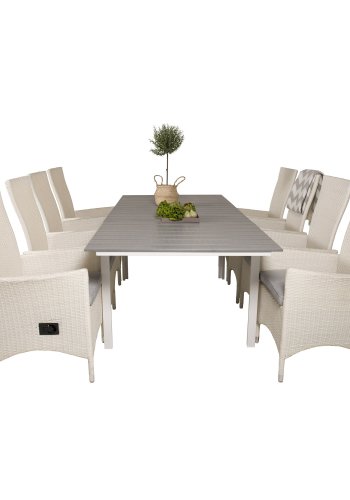 VENTURE DESIGN havest m Levels bord m udtrk og 8 Padova stole m recliner -hvid rattan/gr aintwood