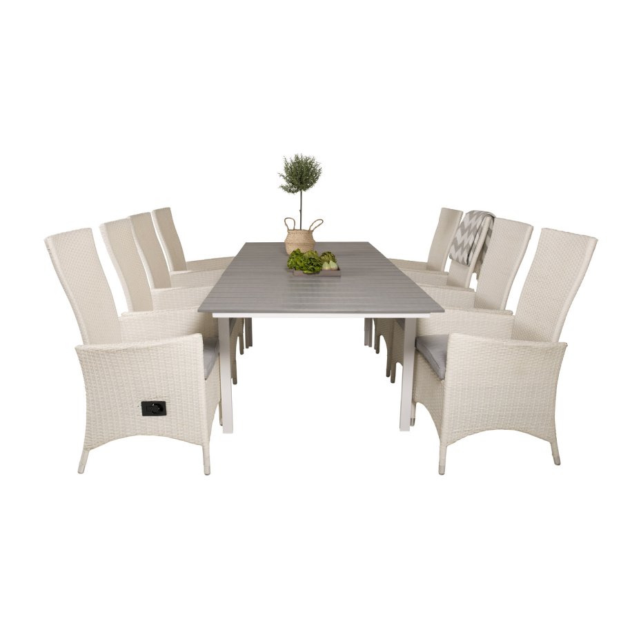 VENTURE DESIGN havest m Levels bord m udtrk og 8 Padova stole m recliner -hvid rattan/gr aintwood