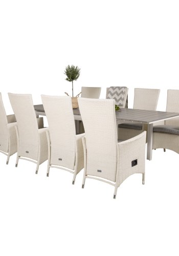 VENTURE DESIGN havest m Levels bord m udtrk og 8 Padova stole m recliner -hvid rattan/gr aintwood