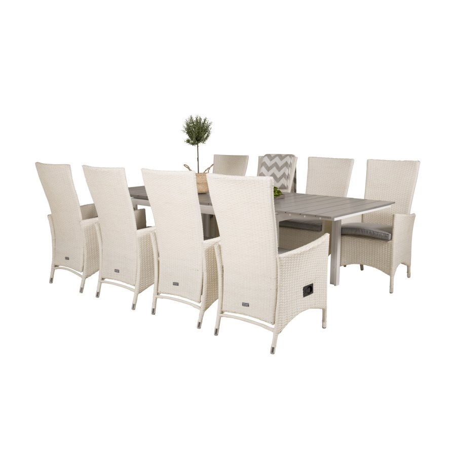 VENTURE DESIGN havest m Levels bord m udtrk og 8 Padova stole m recliner -hvid rattan/gr aintwood