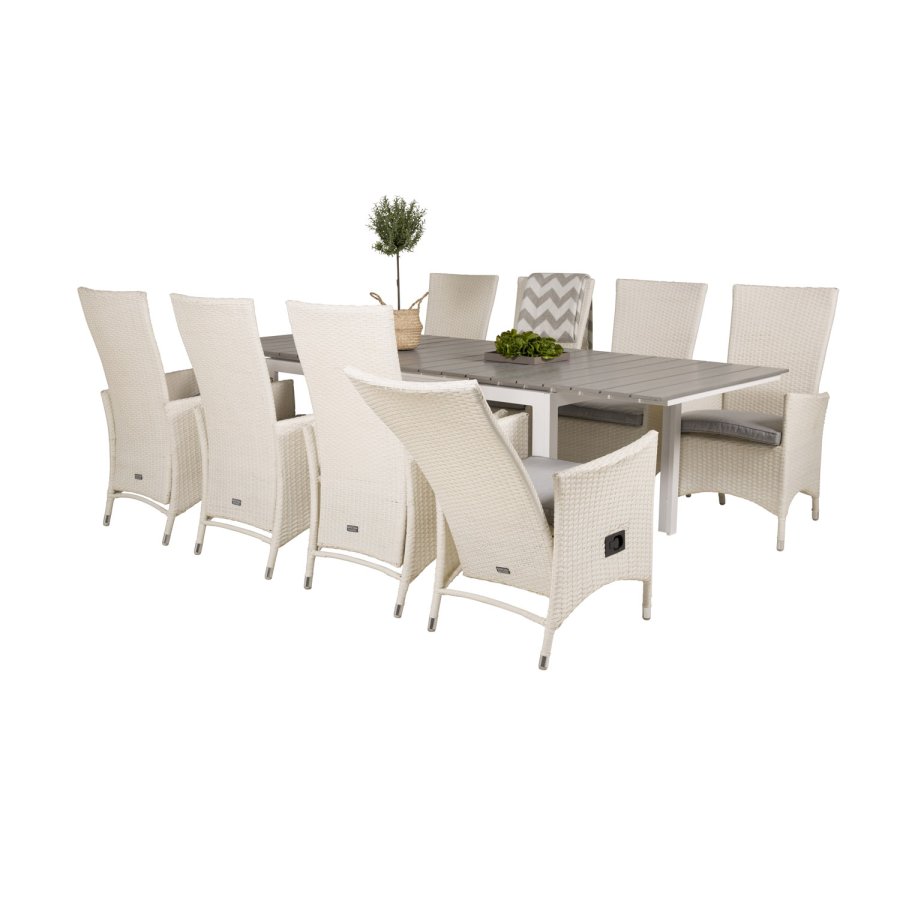 VENTURE DESIGN havest m Levels bord m udtrk og 8 Padova stole m recliner -hvid rattan/gr aintwood