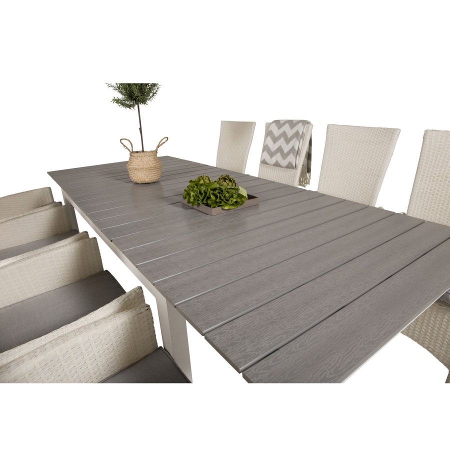 VENTURE DESIGN havest m Levels bord m udtrk og 8 Padova stole m recliner -hvid rattan/gr aintwood